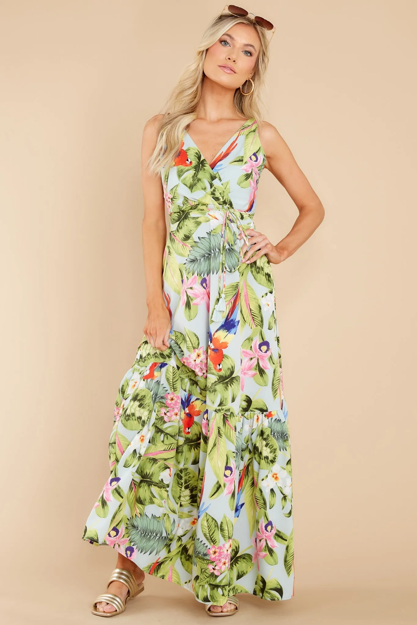 Exotic Getaway Sage Multi Tropical Print Maxi Dress