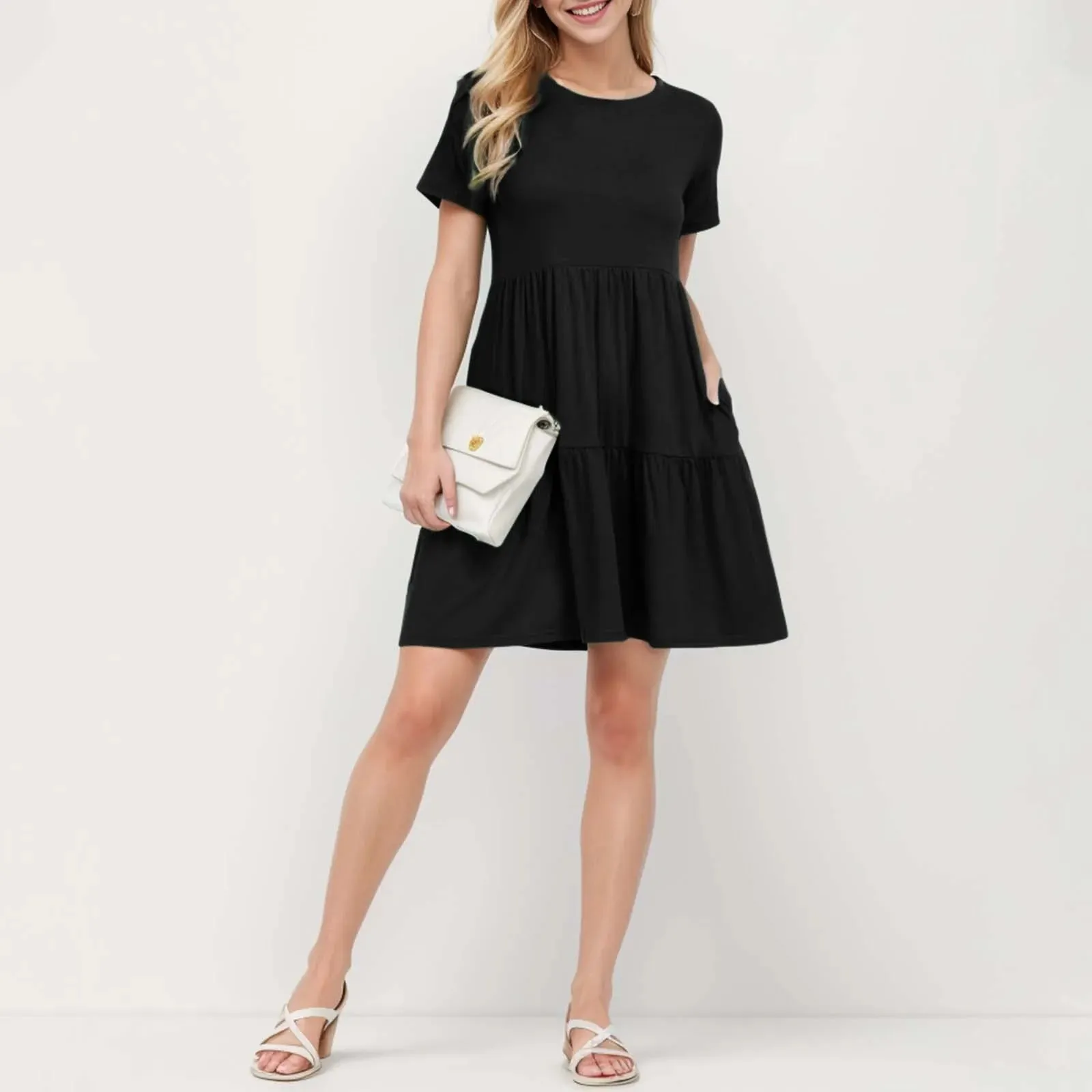 Fashion Causal Loose Solid Long O-neck Vintage Short Sleeve Casual New Dress