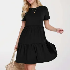 Fashion Causal Loose Solid Long O-neck Vintage Short Sleeve Casual New Dress