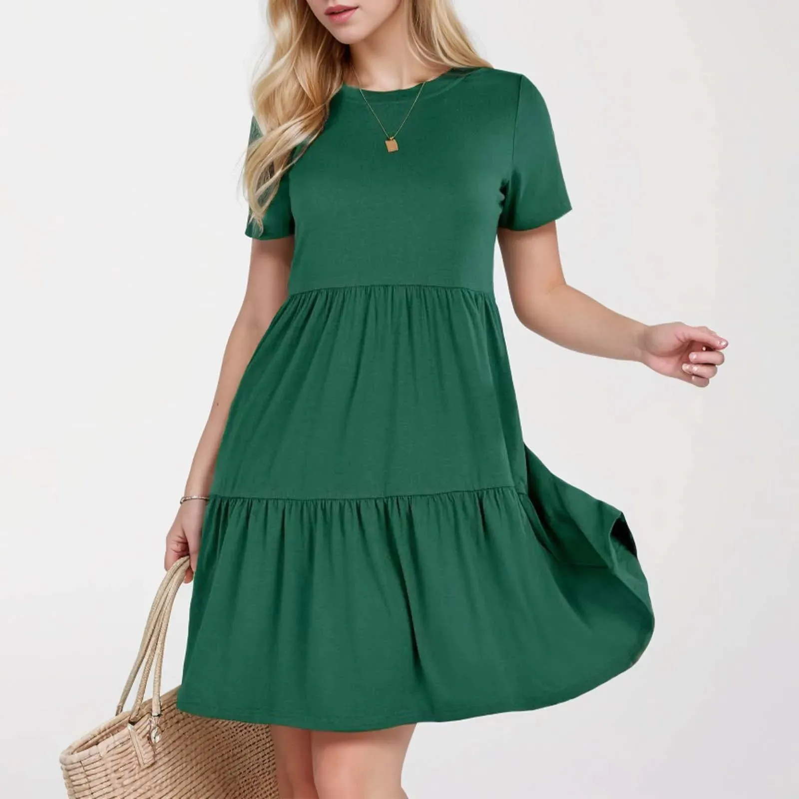 Fashion Causal Loose Solid Long O-neck Vintage Short Sleeve Casual New Dress