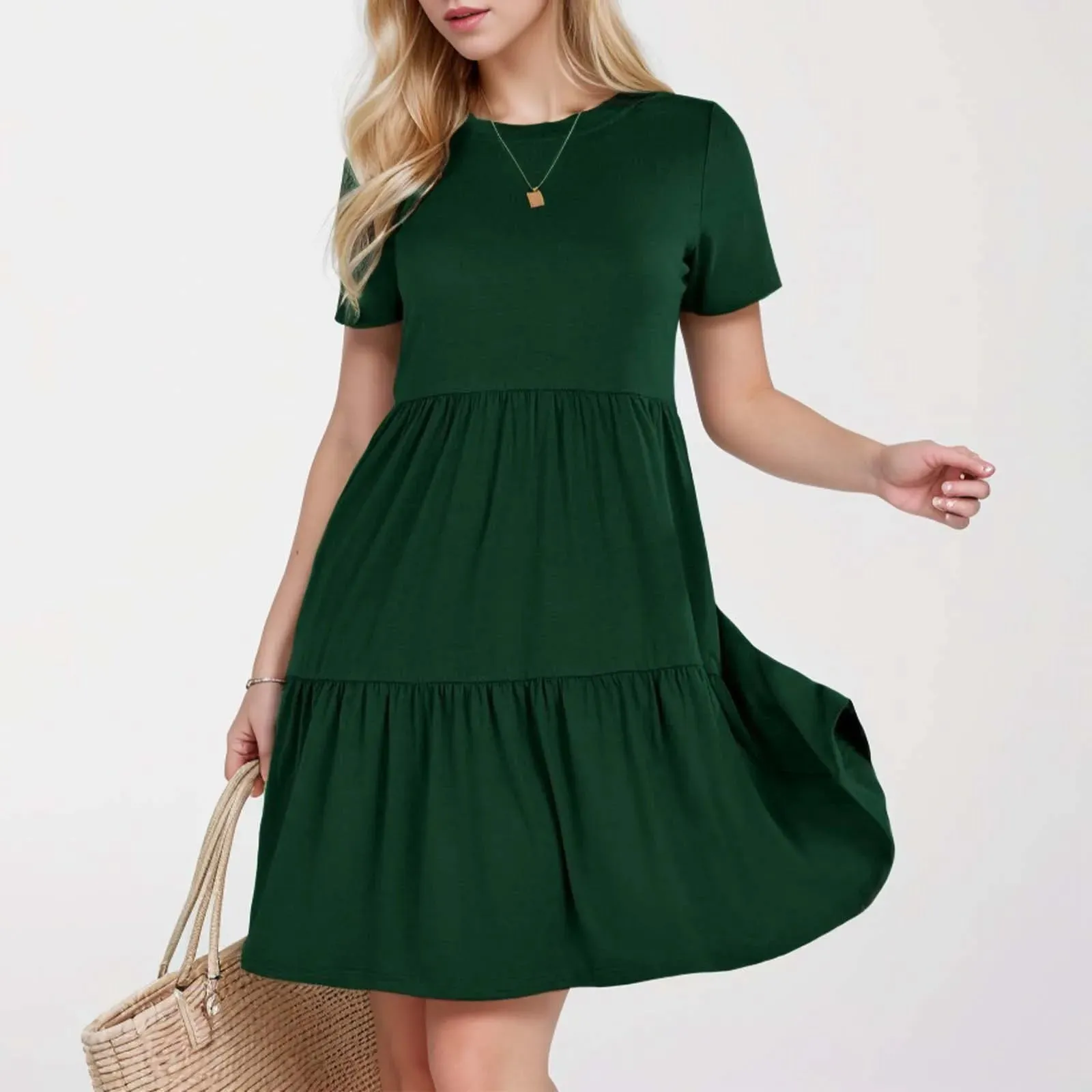 Fashion Causal Loose Solid Long O-neck Vintage Short Sleeve Casual New Dress