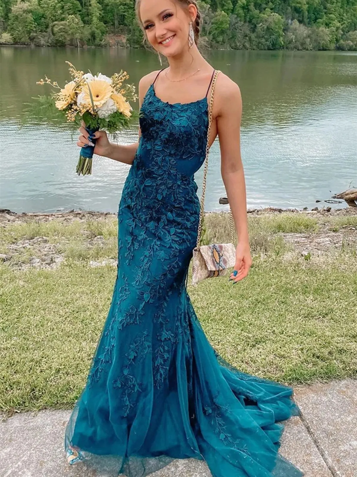 Fashion Teal Lace Tulle Mermaid Backless Long Prom Dresses, Mermaid Teal Lace Formal Dresses, Teal Lace Evening Dresses