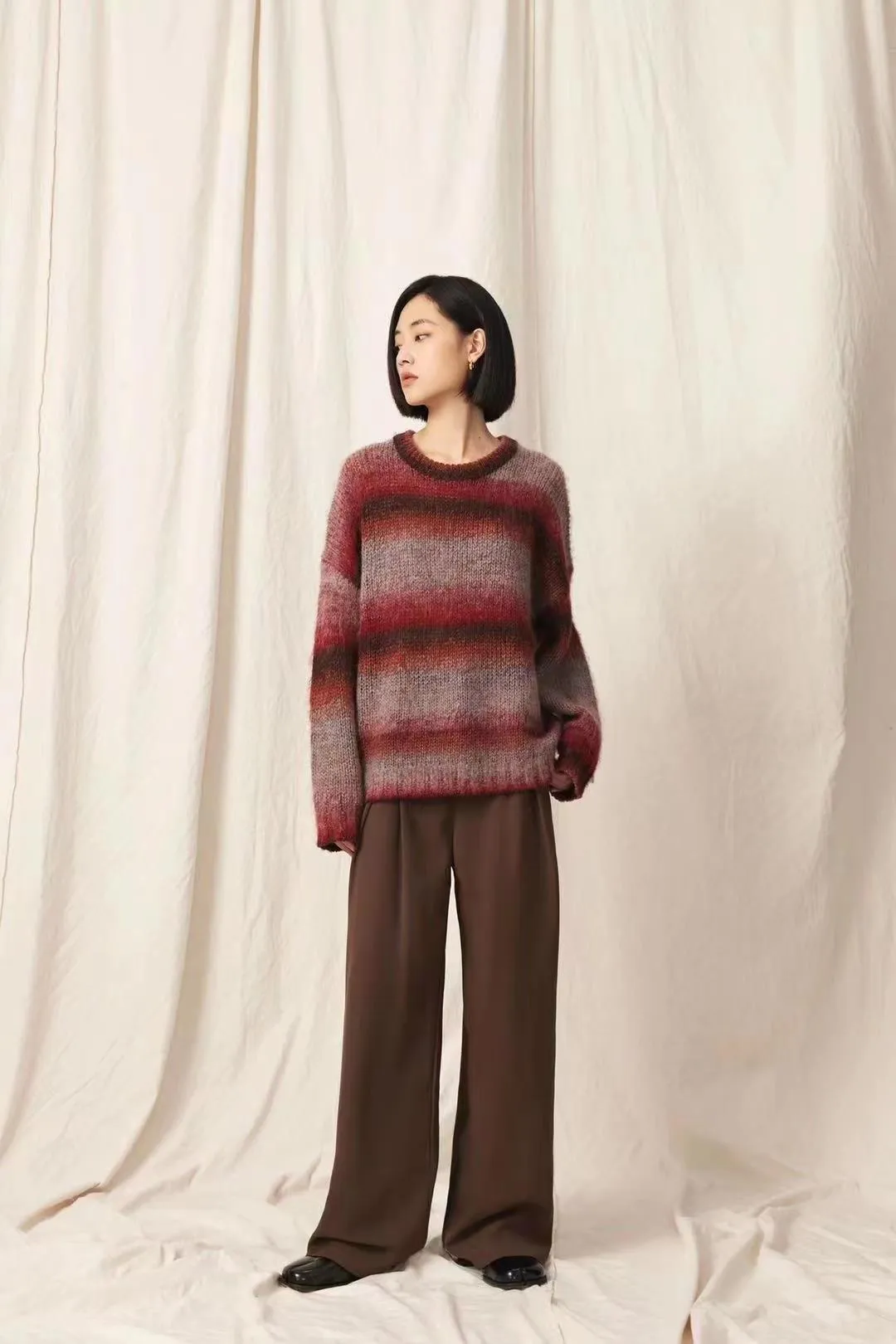 Fashionkova sweater Lazy Retro Dyed Yarn Gradient Color Sweater Meinuo Wool Knitted Loose Pullover Coat for Women Autumn and Winter