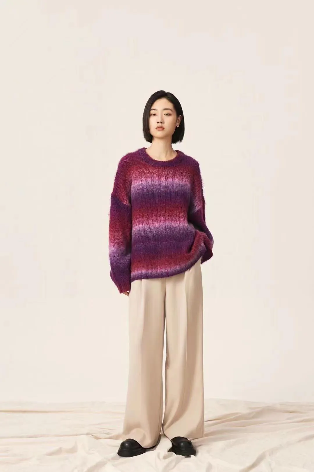 Fashionkova sweater Lazy Retro Dyed Yarn Gradient Color Sweater Meinuo Wool Knitted Loose Pullover Coat for Women Autumn and Winter