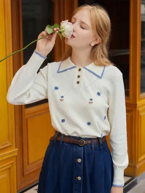 【Final Sale】Aurora Floral Embroidery Contrast Trim Sweater