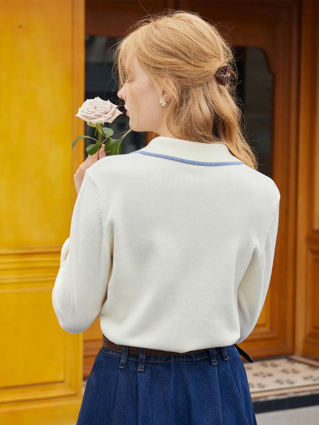 【Final Sale】Aurora Floral Embroidery Contrast Trim Sweater