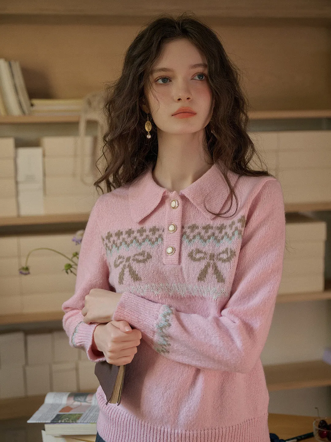 【Final Sale】Paloma Polo Collar Printed Colour-Crossing Bowknot Pullover Sweater