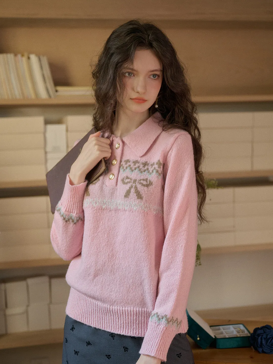 【Final Sale】Paloma Polo Collar Printed Colour-Crossing Bowknot Pullover Sweater