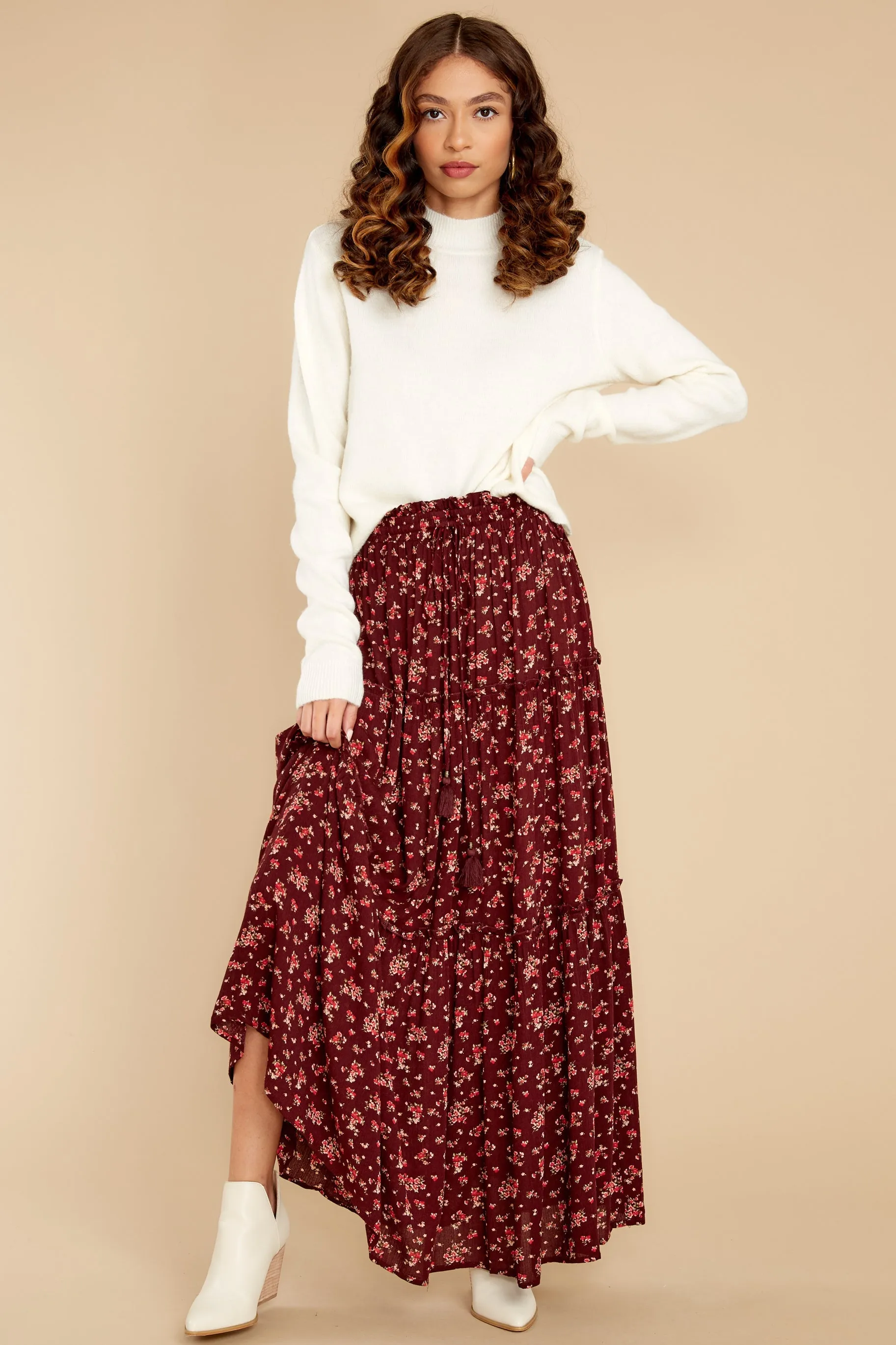 Flirty In The Fall Burgundy Floral Print Maxi Skirt