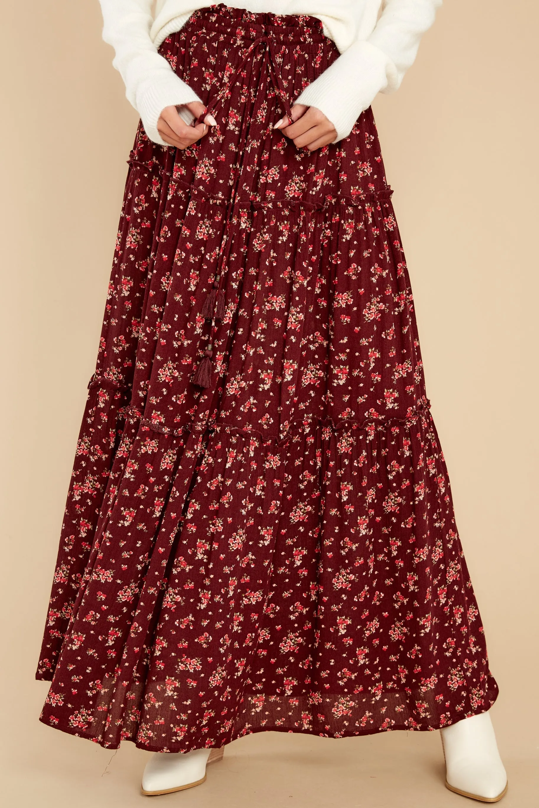 Flirty In The Fall Burgundy Floral Print Maxi Skirt