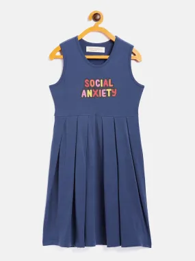 Girls Navy Social Anxiety Print Gather Dress