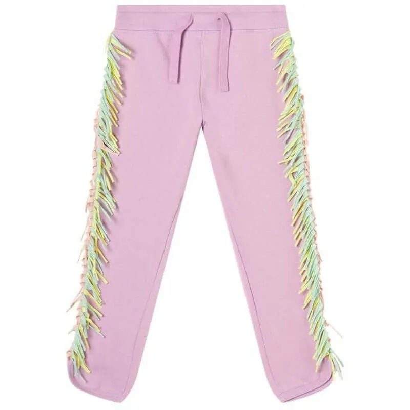 Girls Pink Cotton Fringe Joggers