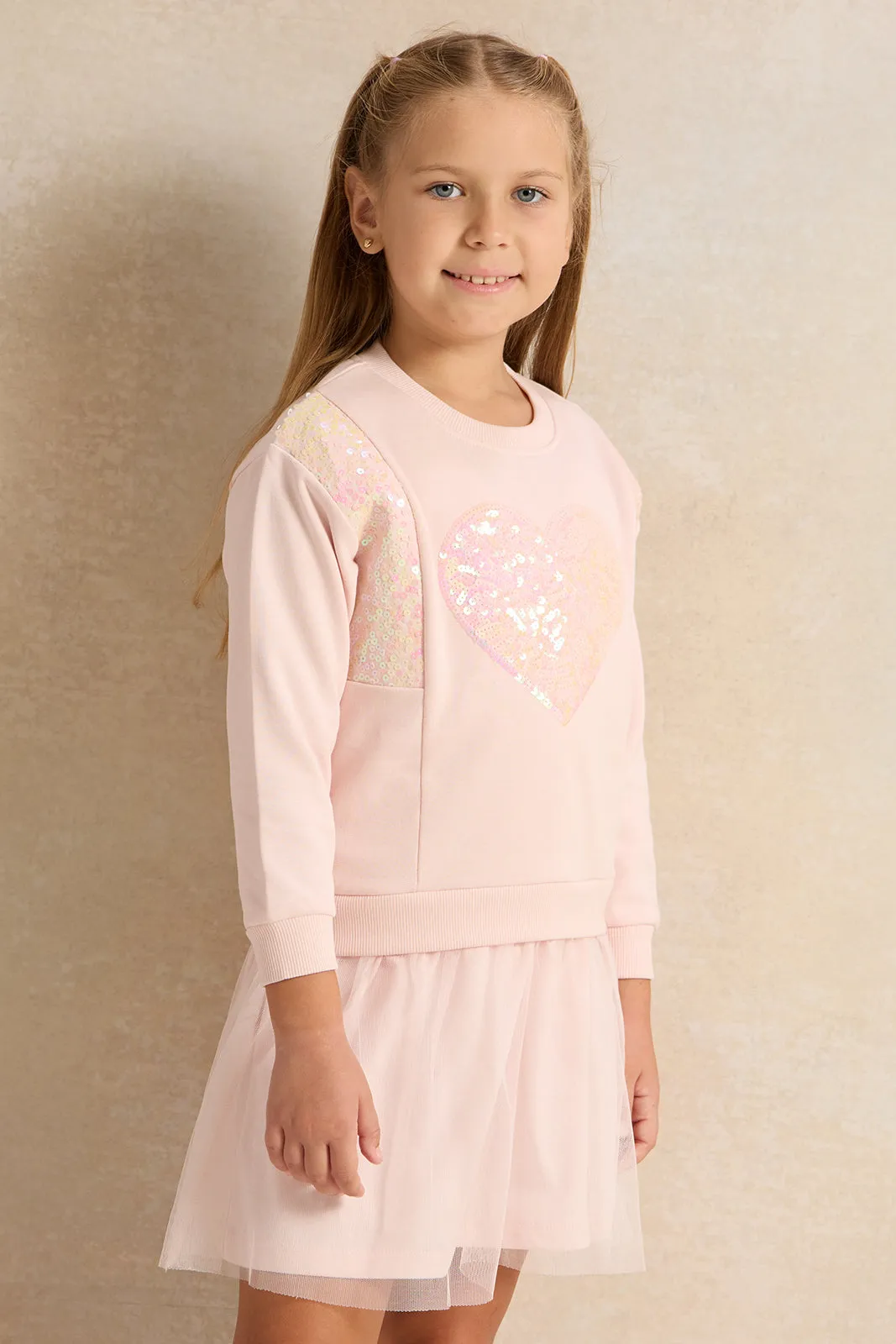 Girls Pink Heart Sequins Knit Dress With