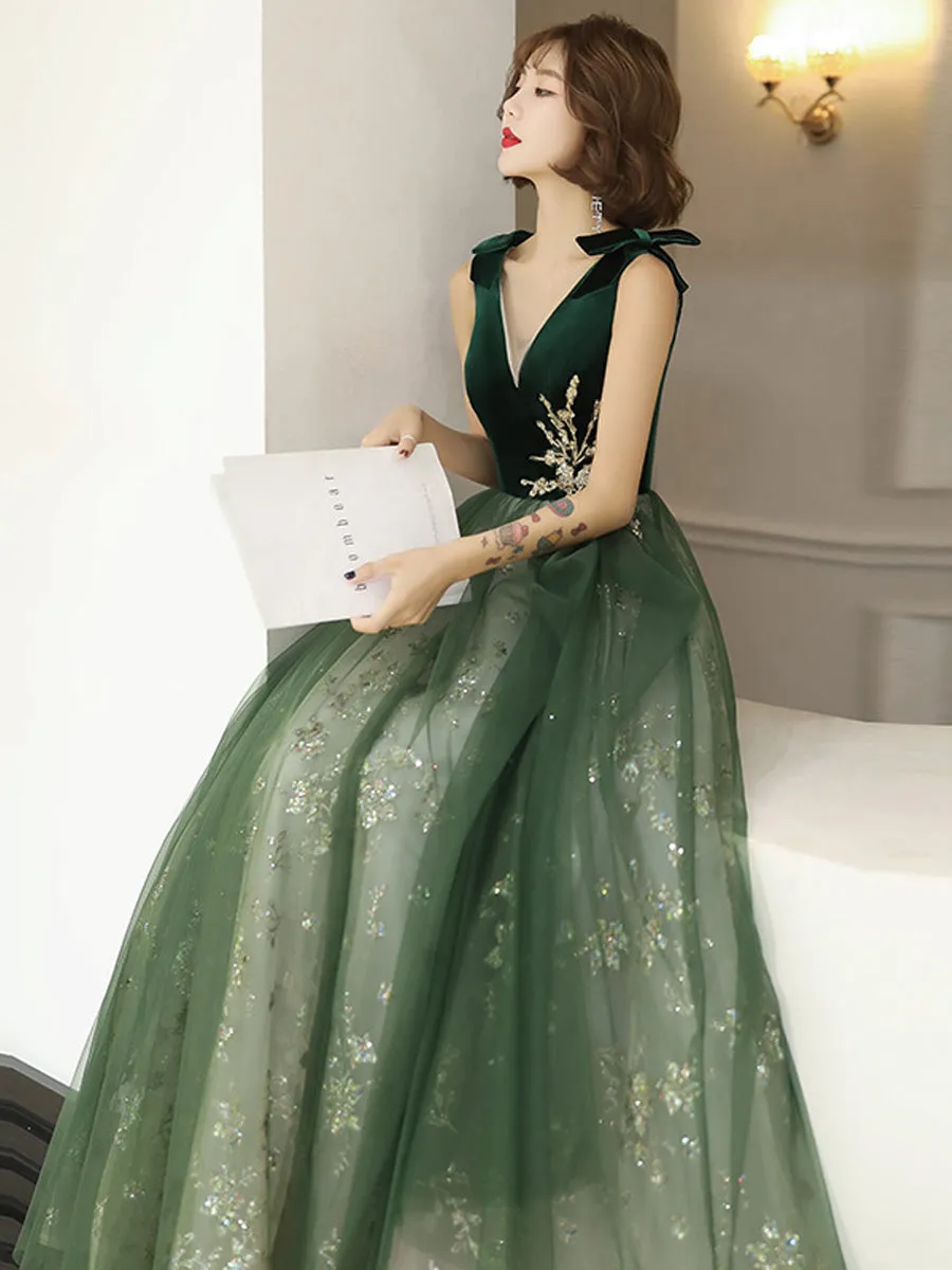 Green Lace Tulle V-neckline A-line Prom Dress, Green Floor Length Party Dress