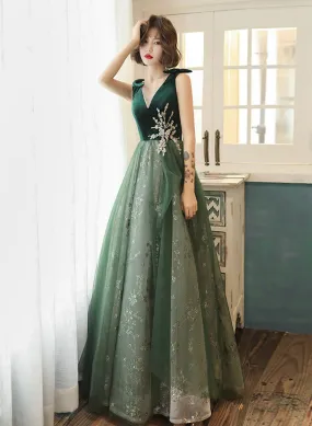 Green Lace Tulle V-neckline A-line Prom Dress, Green Floor Length Party Dress