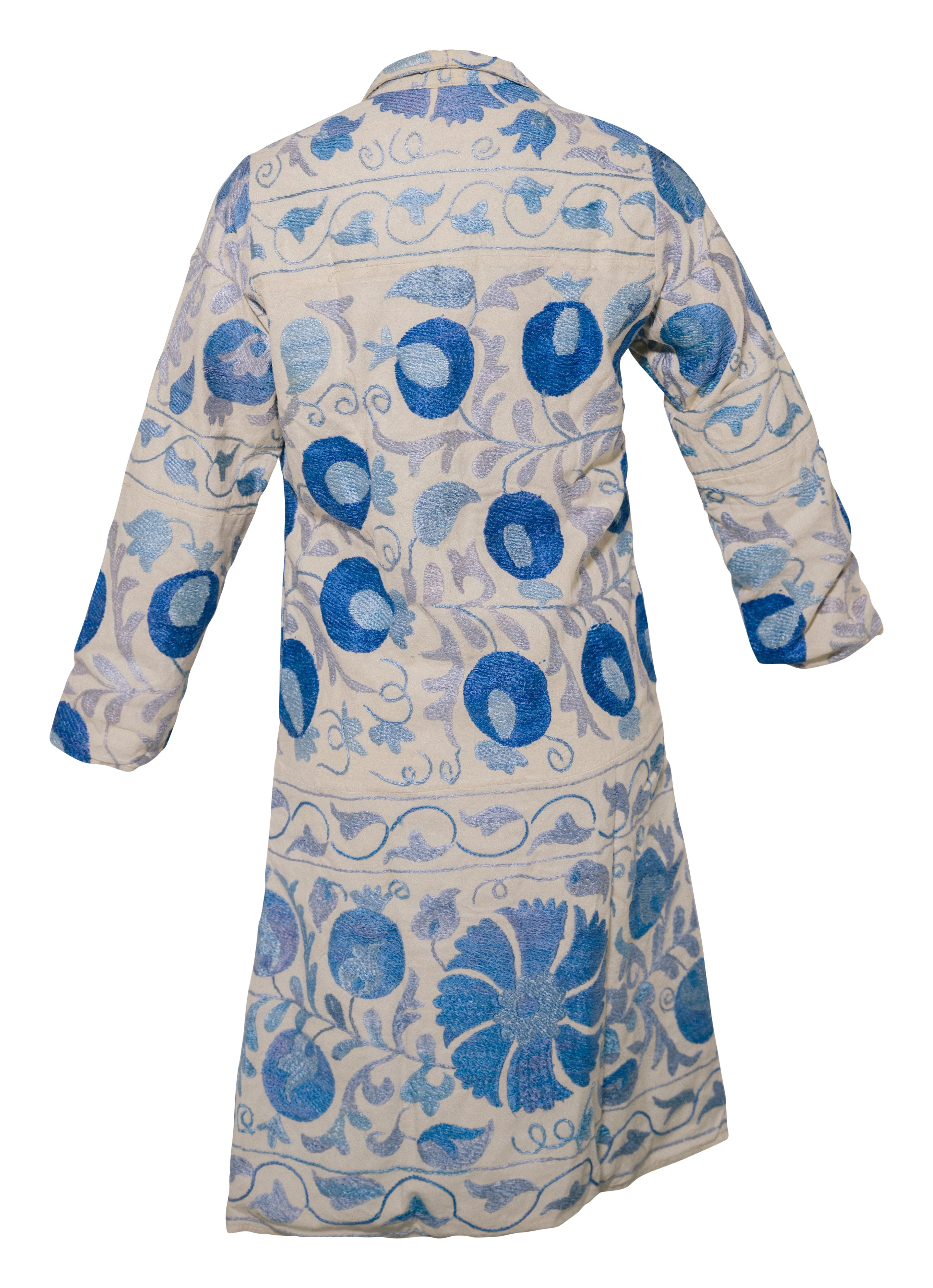 GUL COAT - Suzani Embroidered From Uzbekistan - BLUE ON WHITE - SMALL