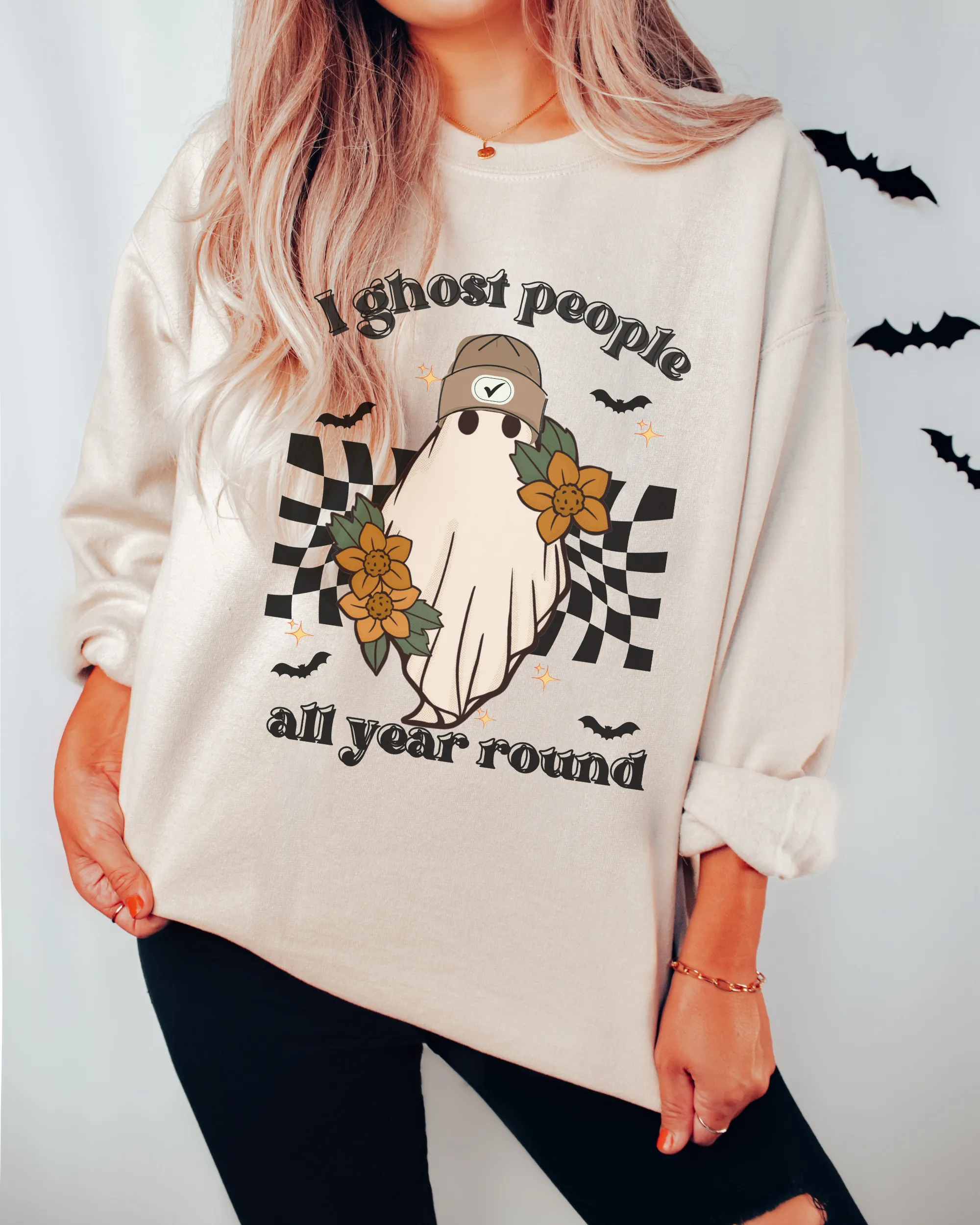 Halloween, I Ghost People All Your Round Retro Design Pullover Sweatshirt