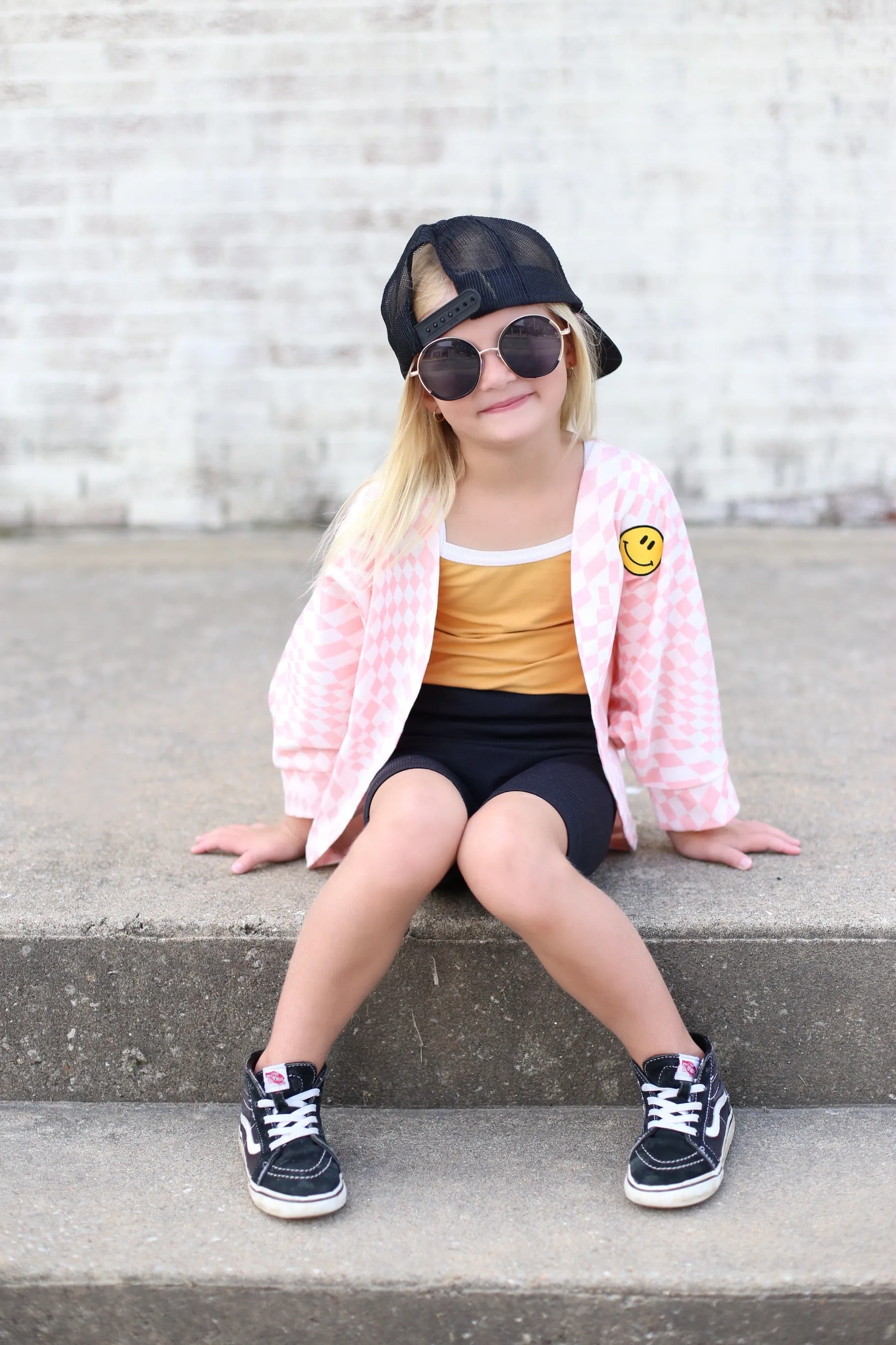 Happy Face Cardigan in Pink Checkerboard