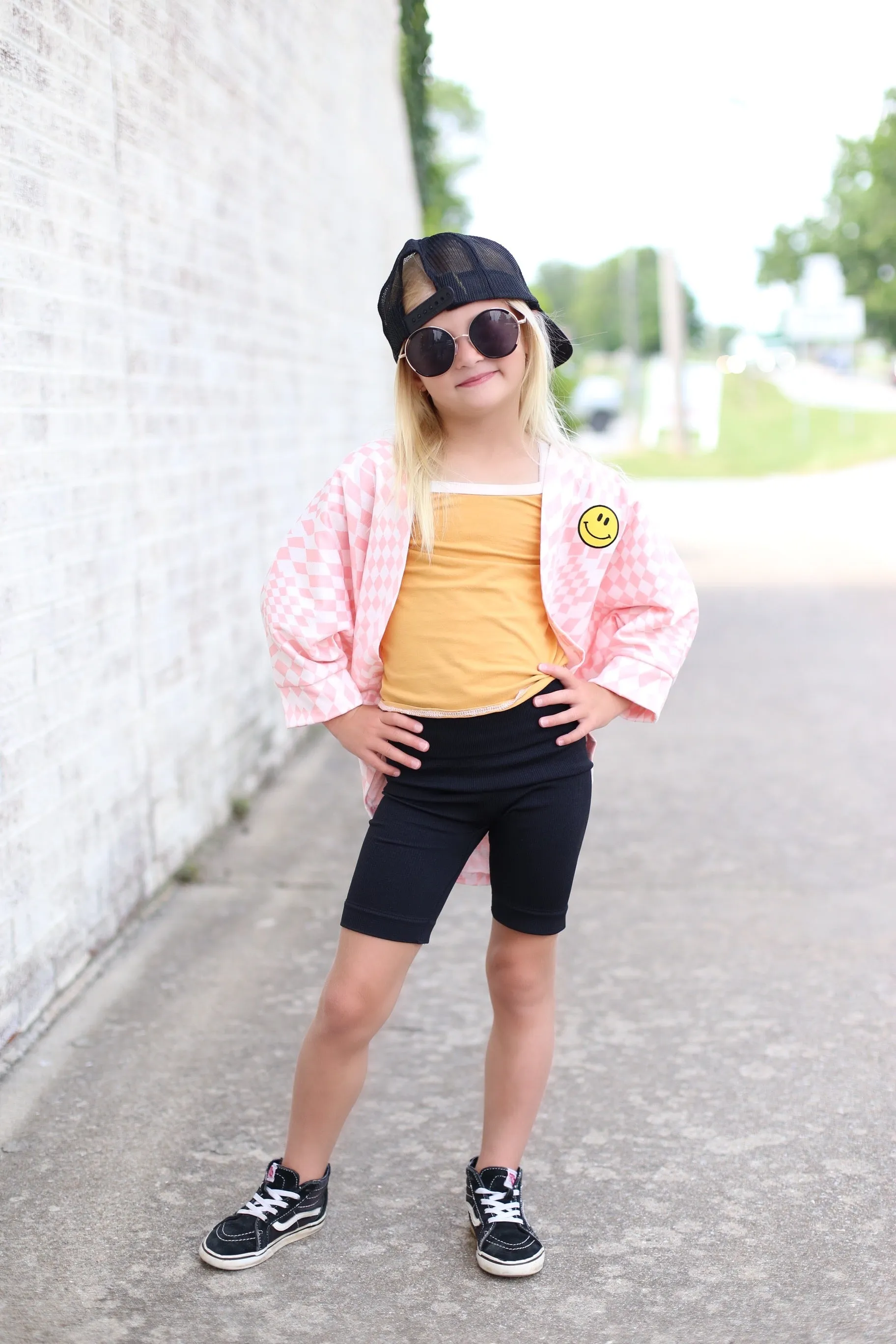 Happy Face Cardigan in Pink Checkerboard