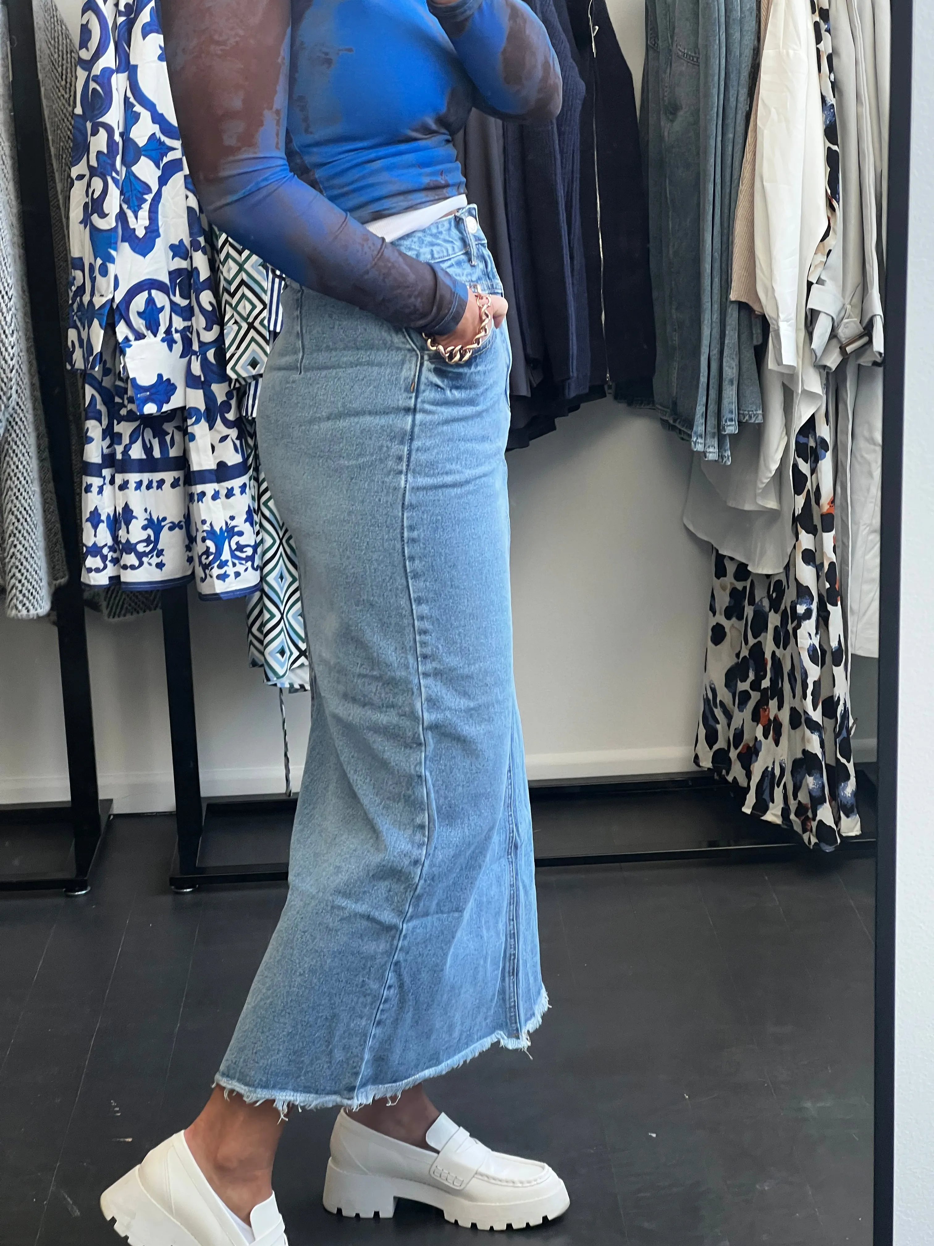 High Waist Vintage Wash Denim Maxi Skirt