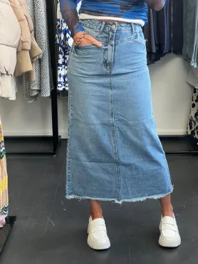 High Waist Vintage Wash Denim Maxi Skirt