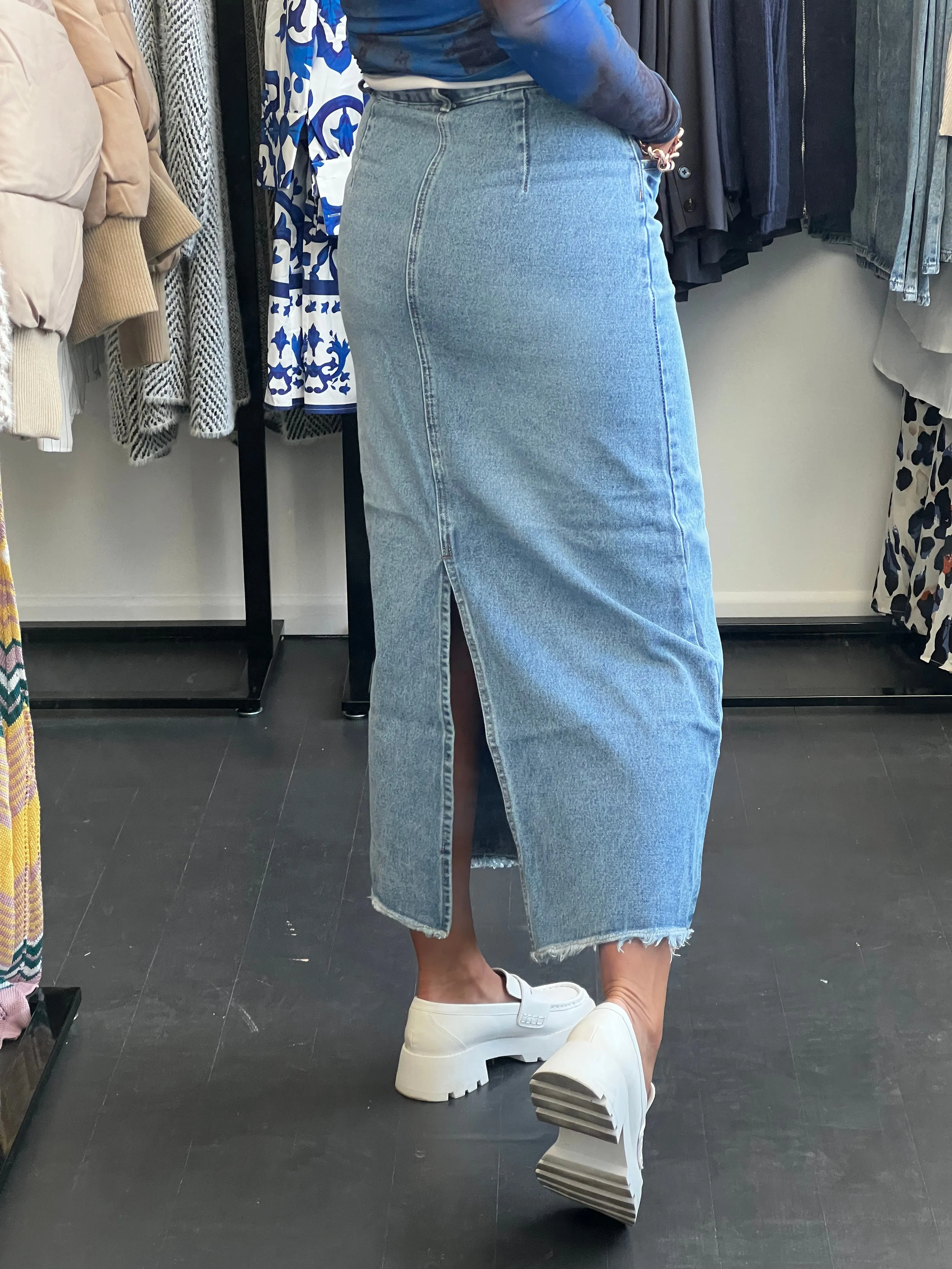 High Waist Vintage Wash Denim Maxi Skirt