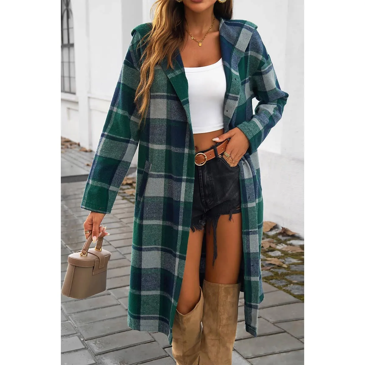 Hooded Flannel Trench Coat - Green Plaid