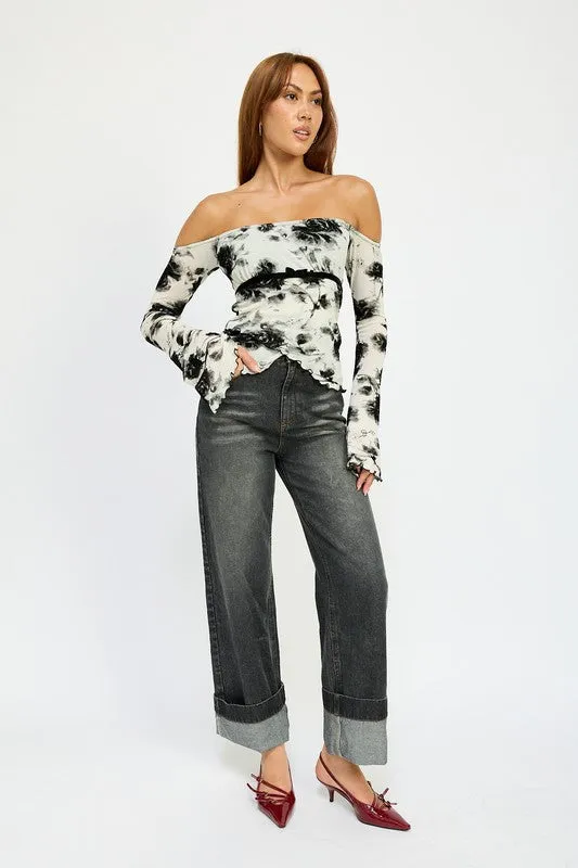 Hot Girl  Black Dahlia Floral Off Shoulder Long Sleeve Top