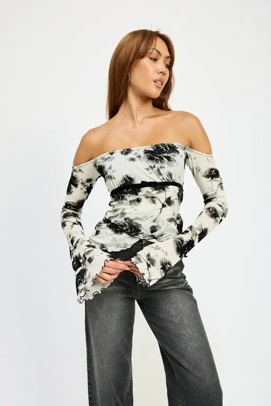 Hot Girl  Black Dahlia Floral Off Shoulder Long Sleeve Top