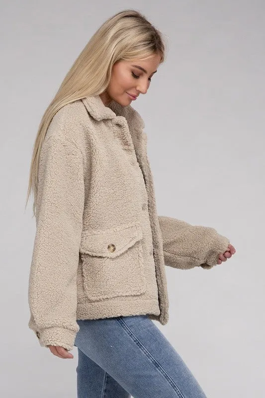 Ivory Beige Cozy Sherpa Button-Front Jacket