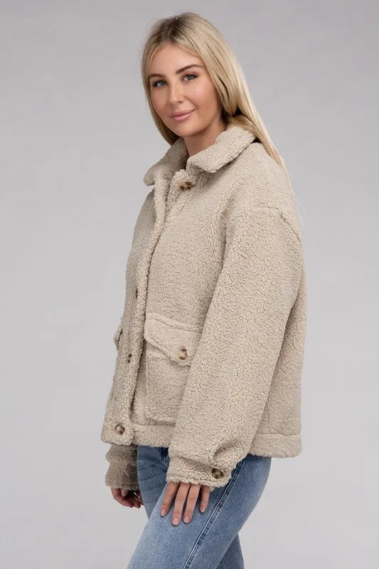 Ivory Beige Cozy Sherpa Button-Front Jacket