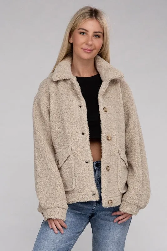 Ivory Beige Cozy Sherpa Button-Front Jacket