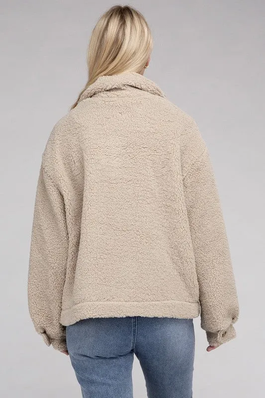 Ivory Beige Cozy Sherpa Button-Front Jacket