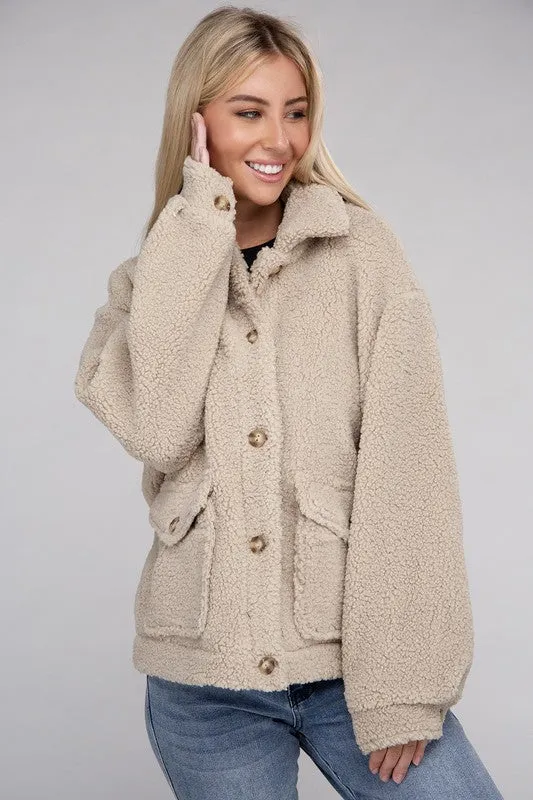 Ivory Beige Cozy Sherpa Button-Front Jacket