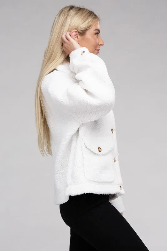 Ivory Beige Cozy Sherpa Button-Front Jacket