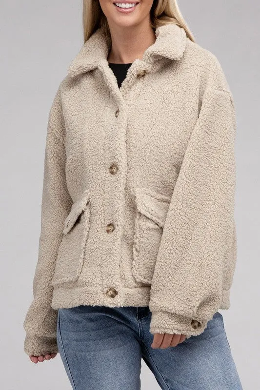 Ivory Beige Cozy Sherpa Button-Front Jacket