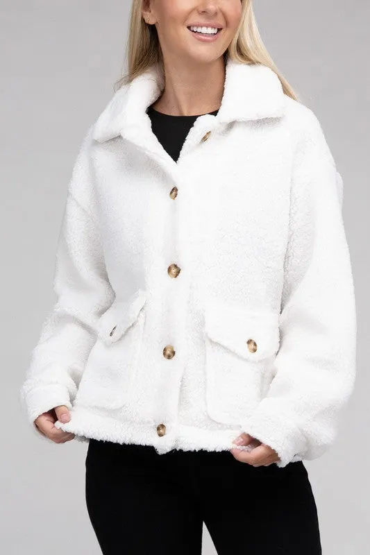 Ivory Beige Cozy Sherpa Button-Front Jacket