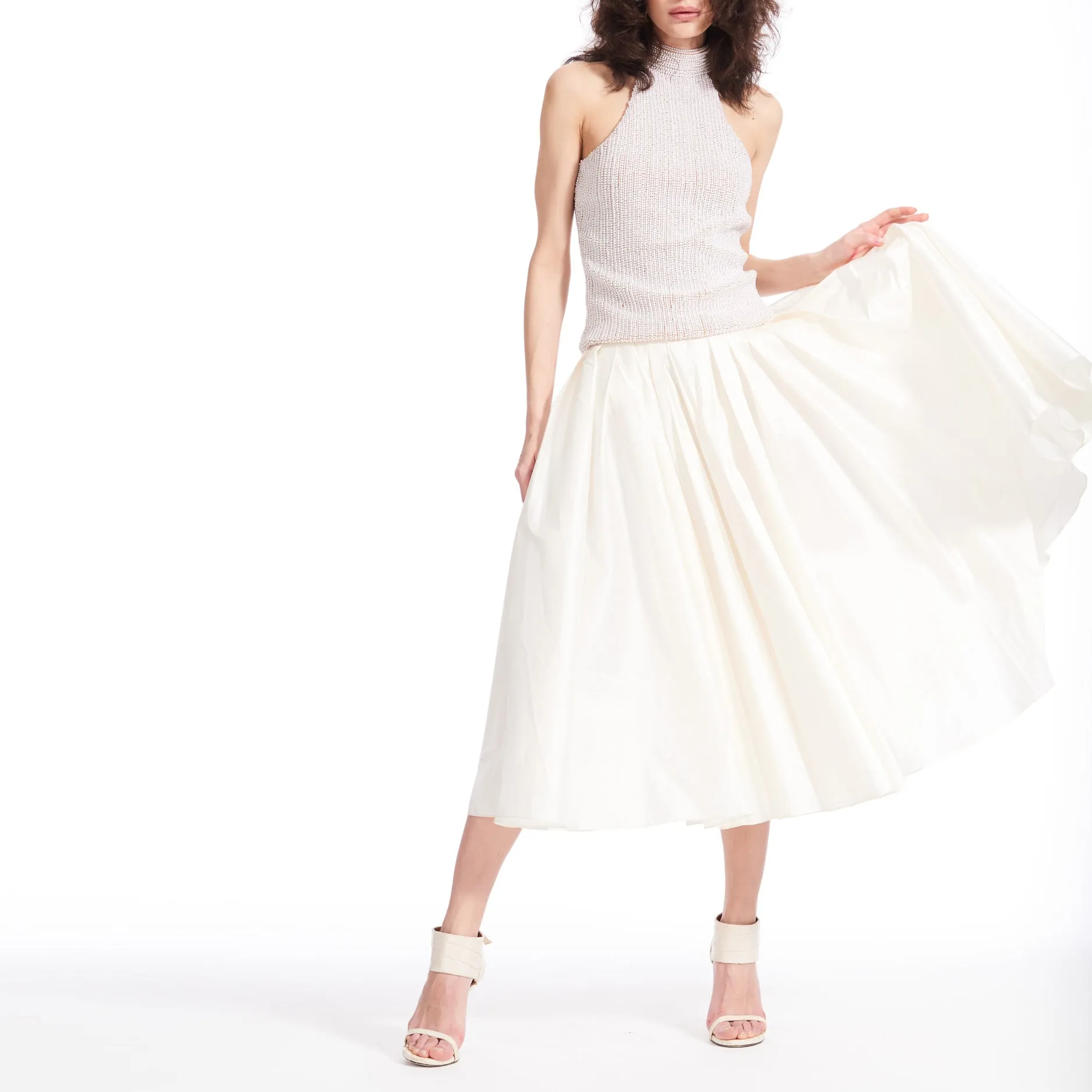 Ivory White Taffeta Tea Length Skirt With Pockets