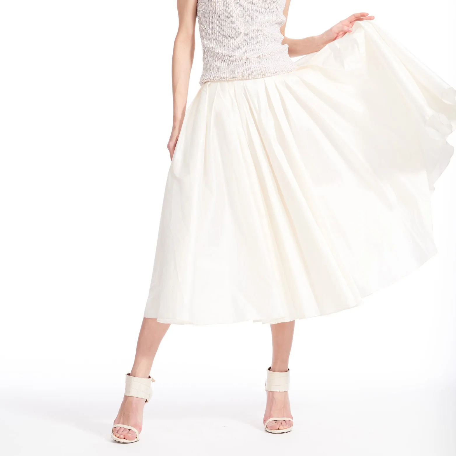 Ivory White Taffeta Tea Length Skirt With Pockets