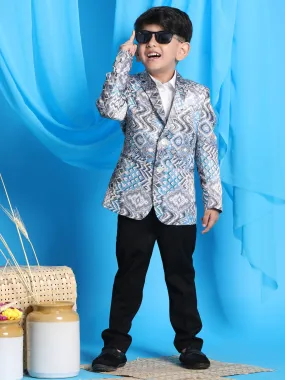 Jashvi Boy' Grey Multi-Color Printed  Silk Blend Blazer