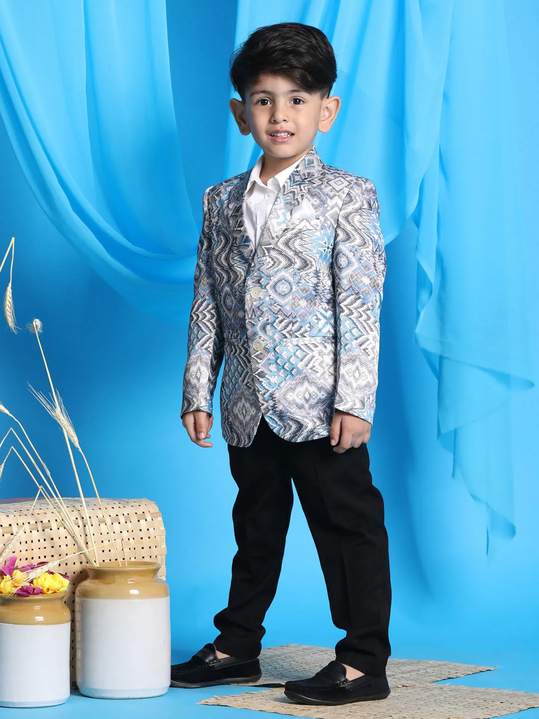 Jashvi Boy' Grey Multi-Color Printed  Silk Blend Blazer