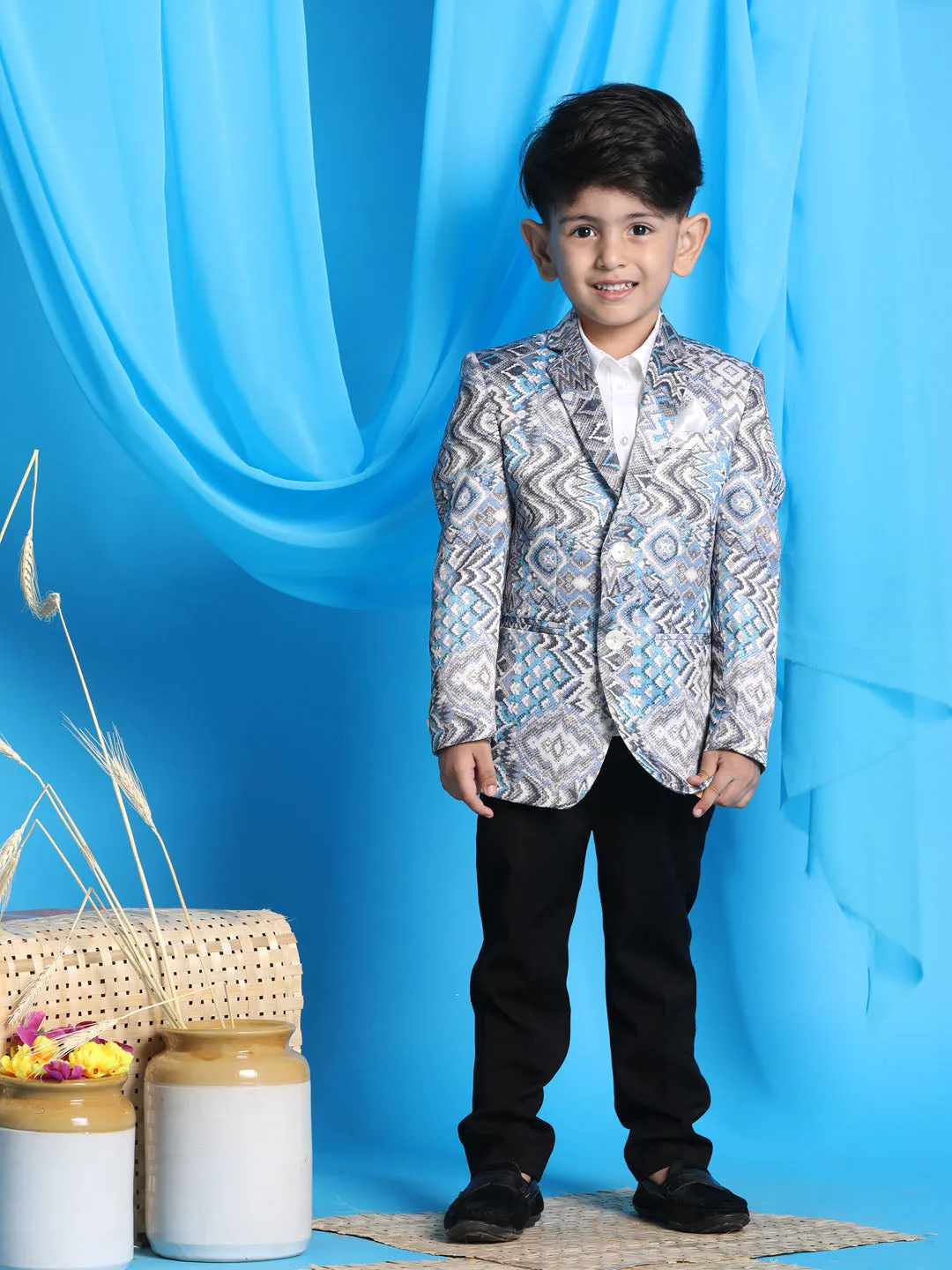 Jashvi Boy' Grey Multi-Color Printed  Silk Blend Blazer