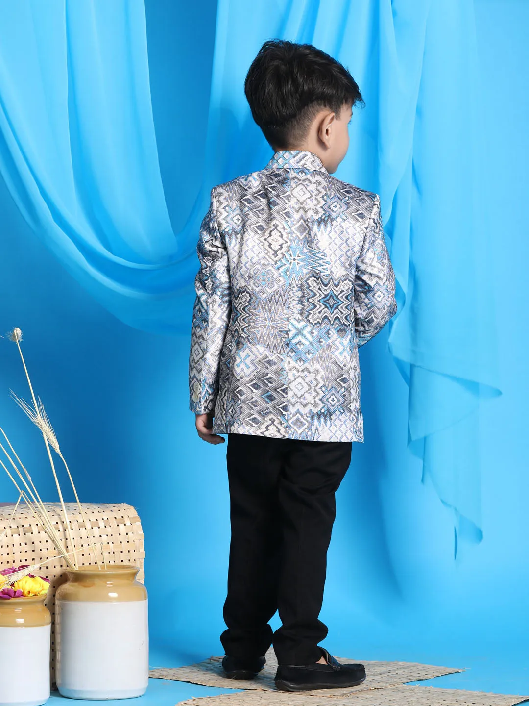 Jashvi Boy' Grey Multi-Color Printed  Silk Blend Blazer