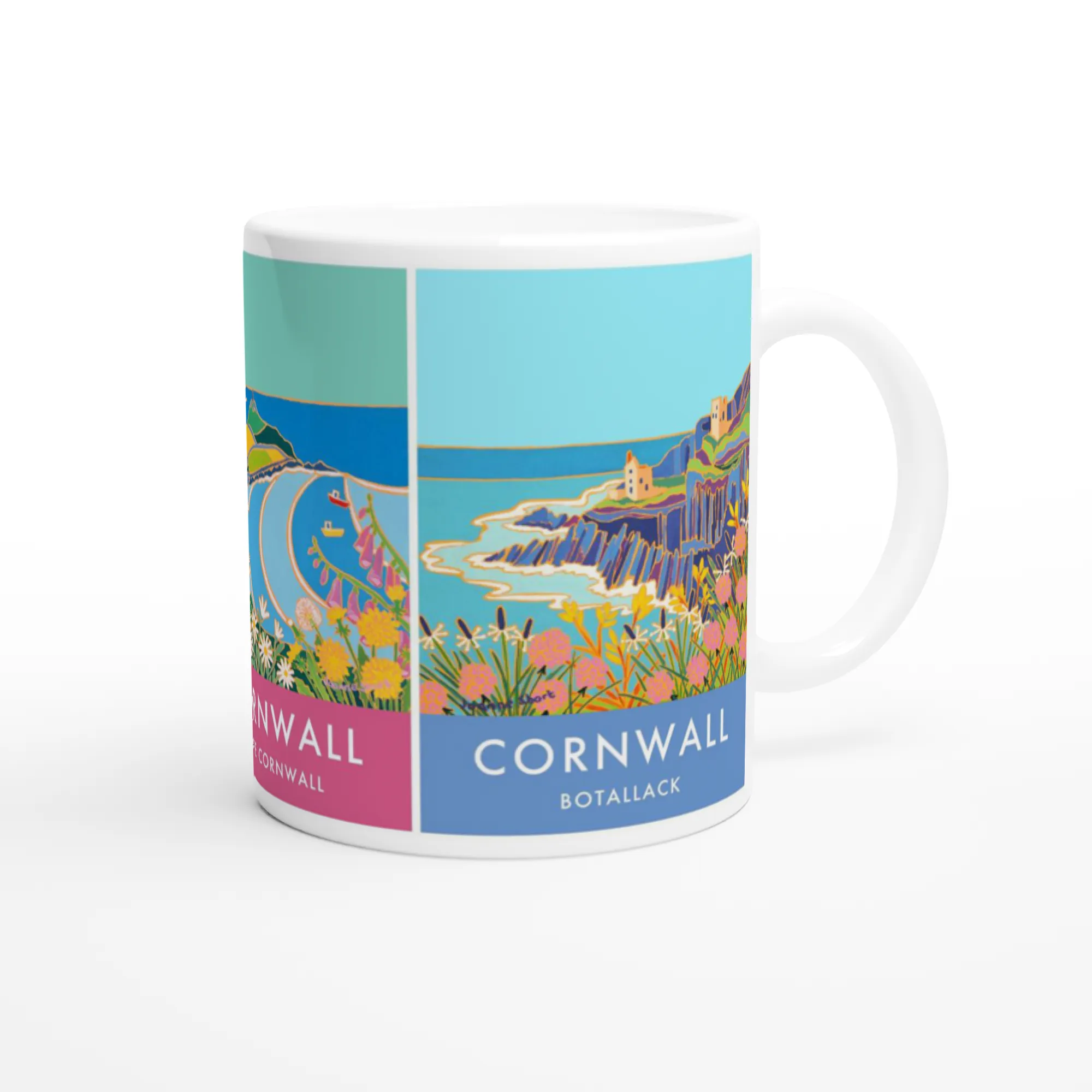 Joanne Short Ceramic Cornish Art Mug featuring Chapel Porth, Cape Cornwall and the Tin Mines of Botallack