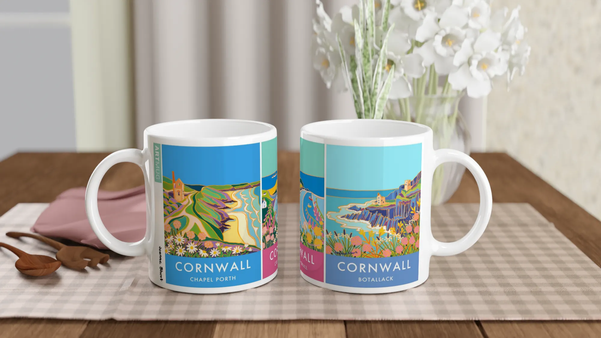 Joanne Short Ceramic Cornish Art Mug featuring Chapel Porth, Cape Cornwall and the Tin Mines of Botallack