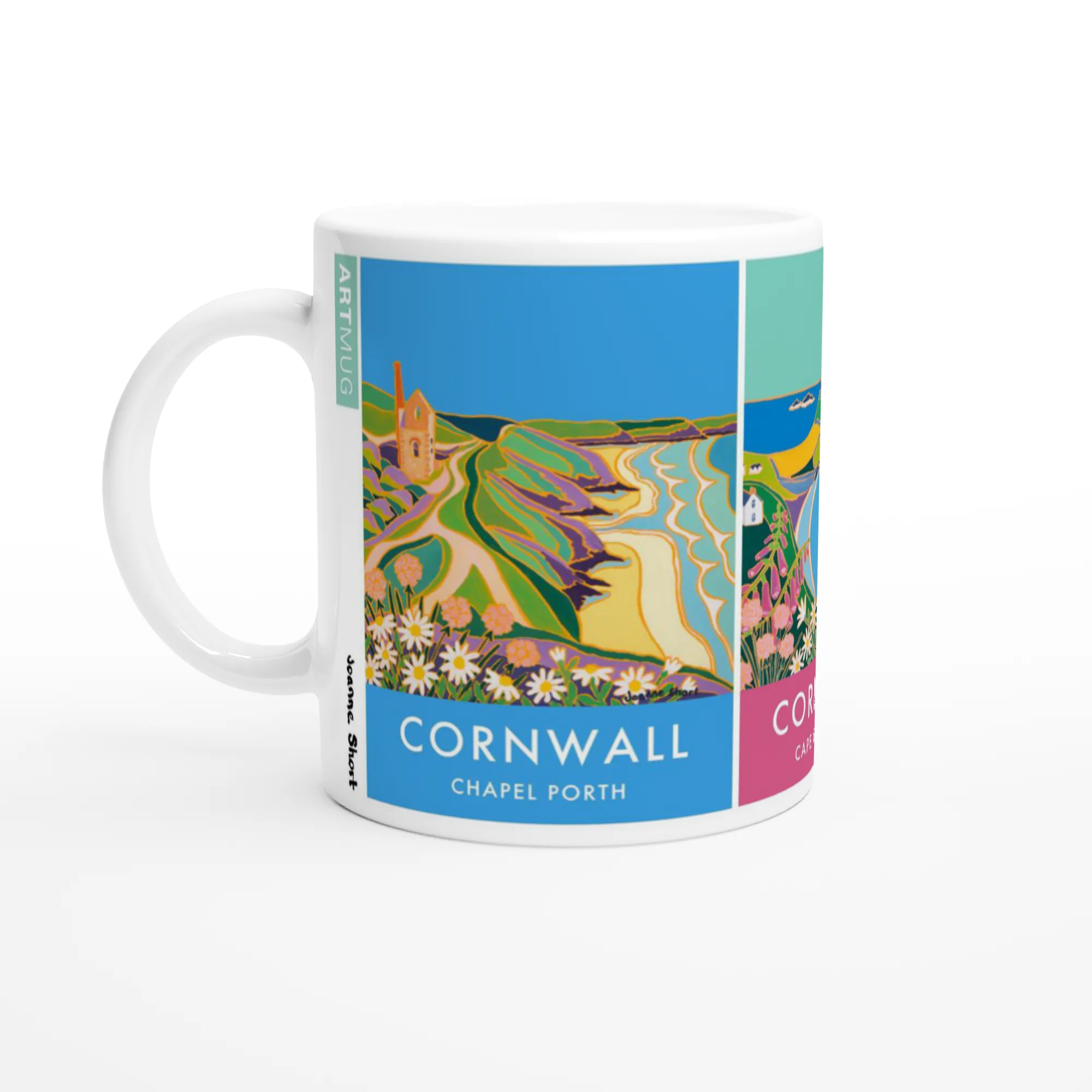 Joanne Short Ceramic Cornish Art Mug featuring Chapel Porth, Cape Cornwall and the Tin Mines of Botallack