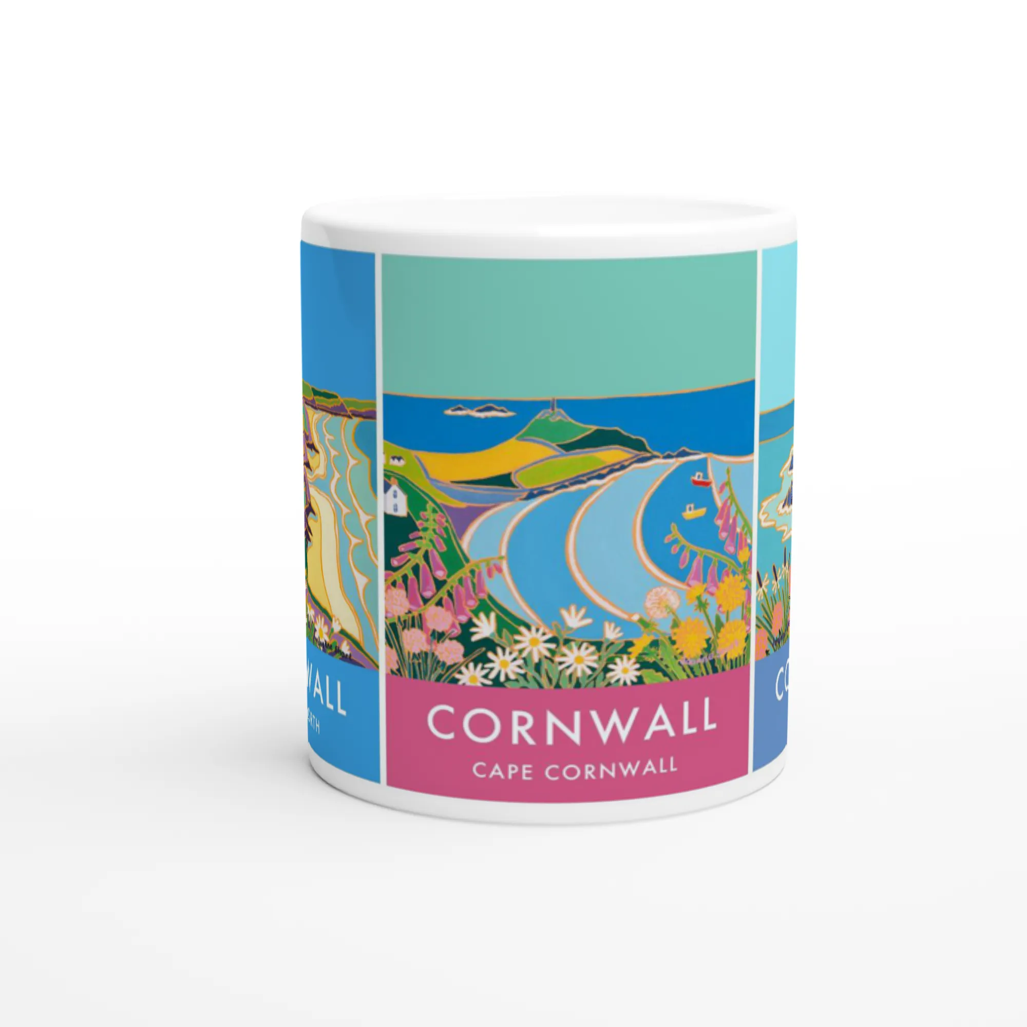 Joanne Short Ceramic Cornish Art Mug featuring Chapel Porth, Cape Cornwall and the Tin Mines of Botallack