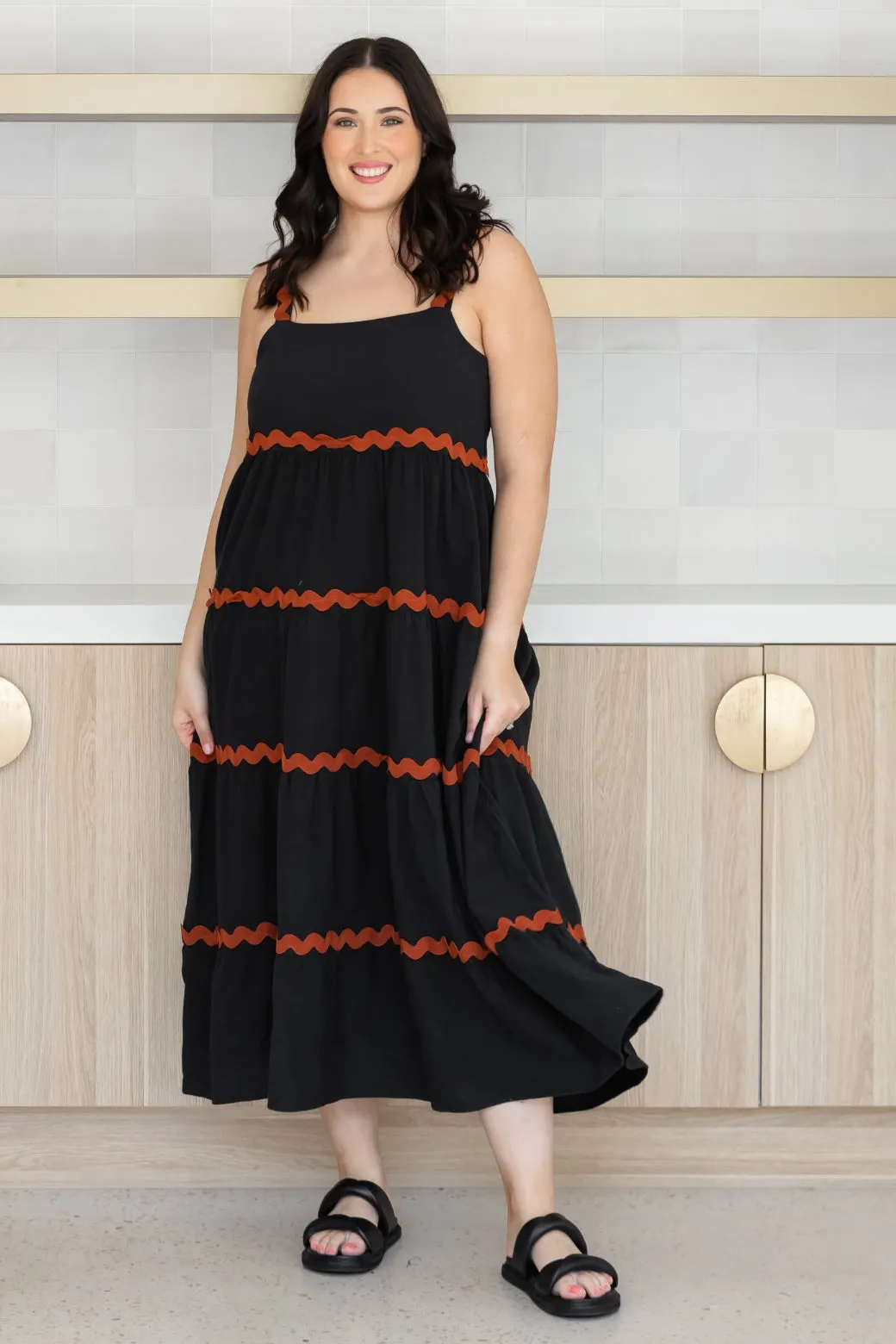 Kiki Linen Maxi Dress Black Rust Ric Rac