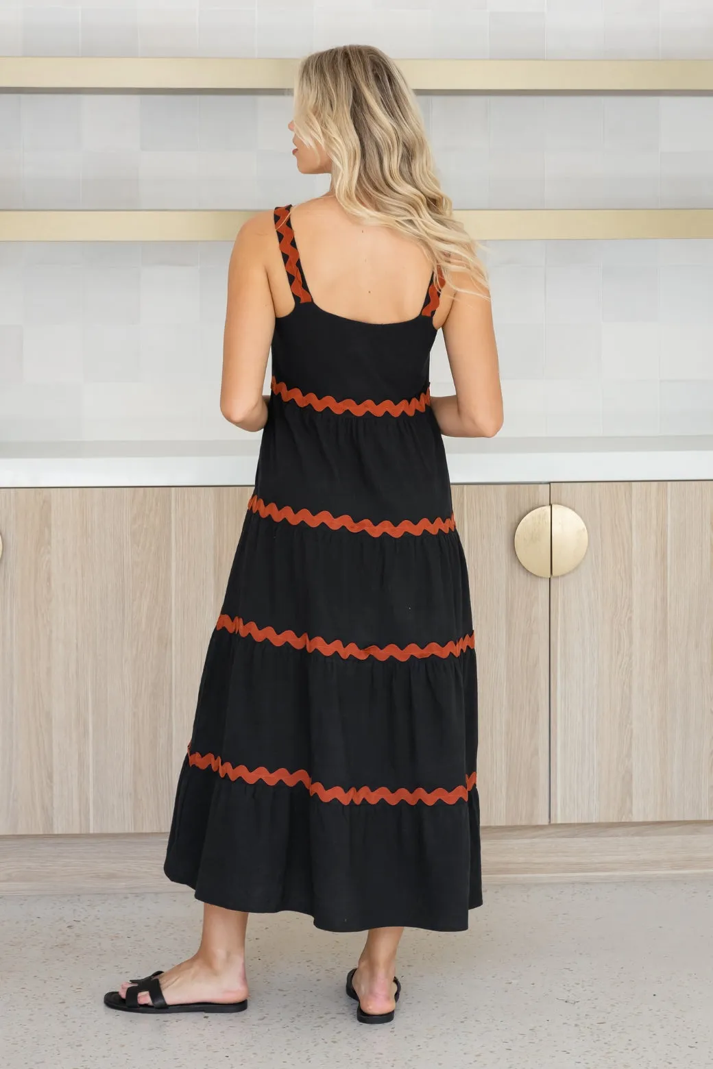 Kiki Linen Maxi Dress Black Rust Ric Rac