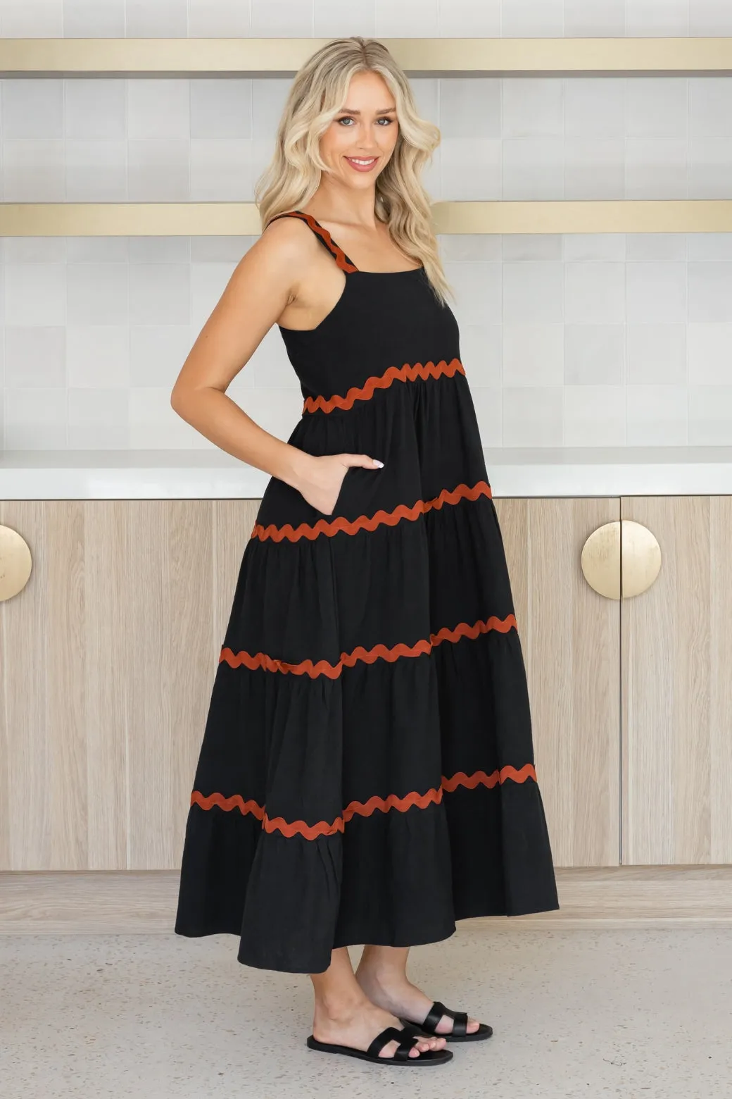 Kiki Linen Maxi Dress Black Rust Ric Rac